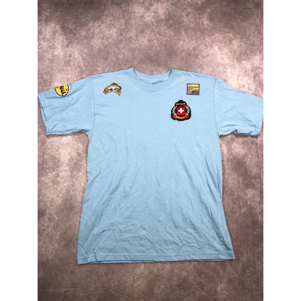 Light Blue Multi Patch T-Shirt Switzerland Camping Fish Angel Speed 77 Small
